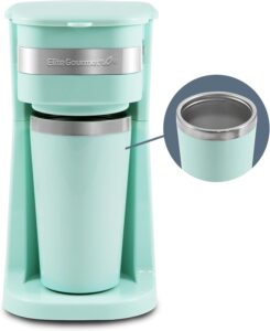 Single serve coffee maker with travel mug in mint green color
