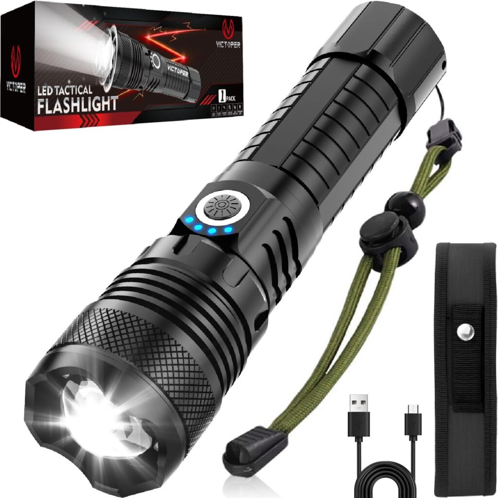 Rechargeable LED tactical flashlight with USB cable and wrist strap