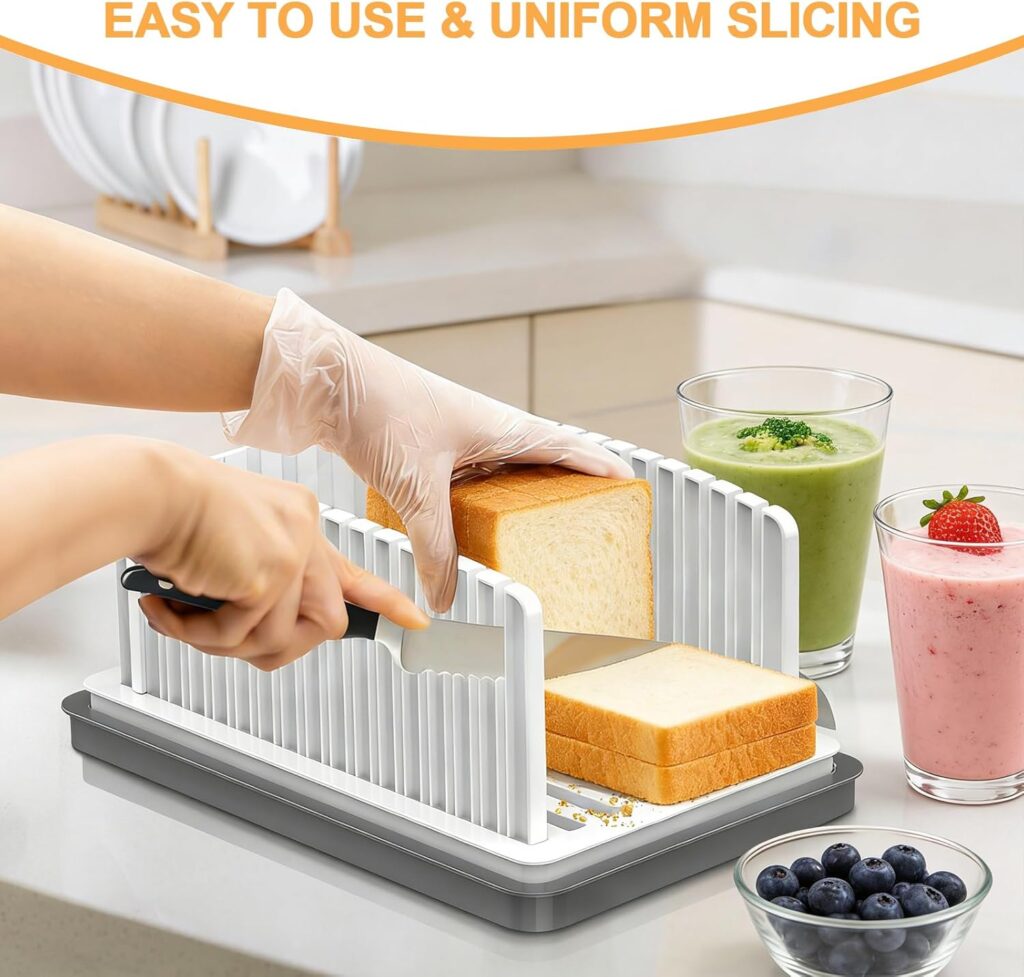 Adjustable bread slicer cutting even slices of bread on kitchen counter