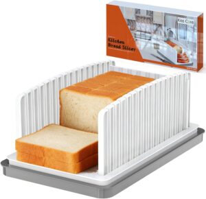 Adjustable bread slicer with loaf and even sliced pieces on tray