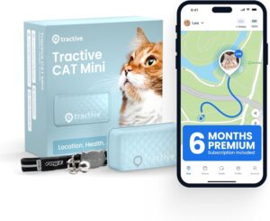 Tractive CAT Mini GPS tracker with collar and app showing a cat’s live location on a map