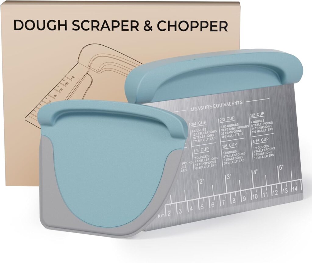 Dough scraper and chopper with measurement markings and blue handle