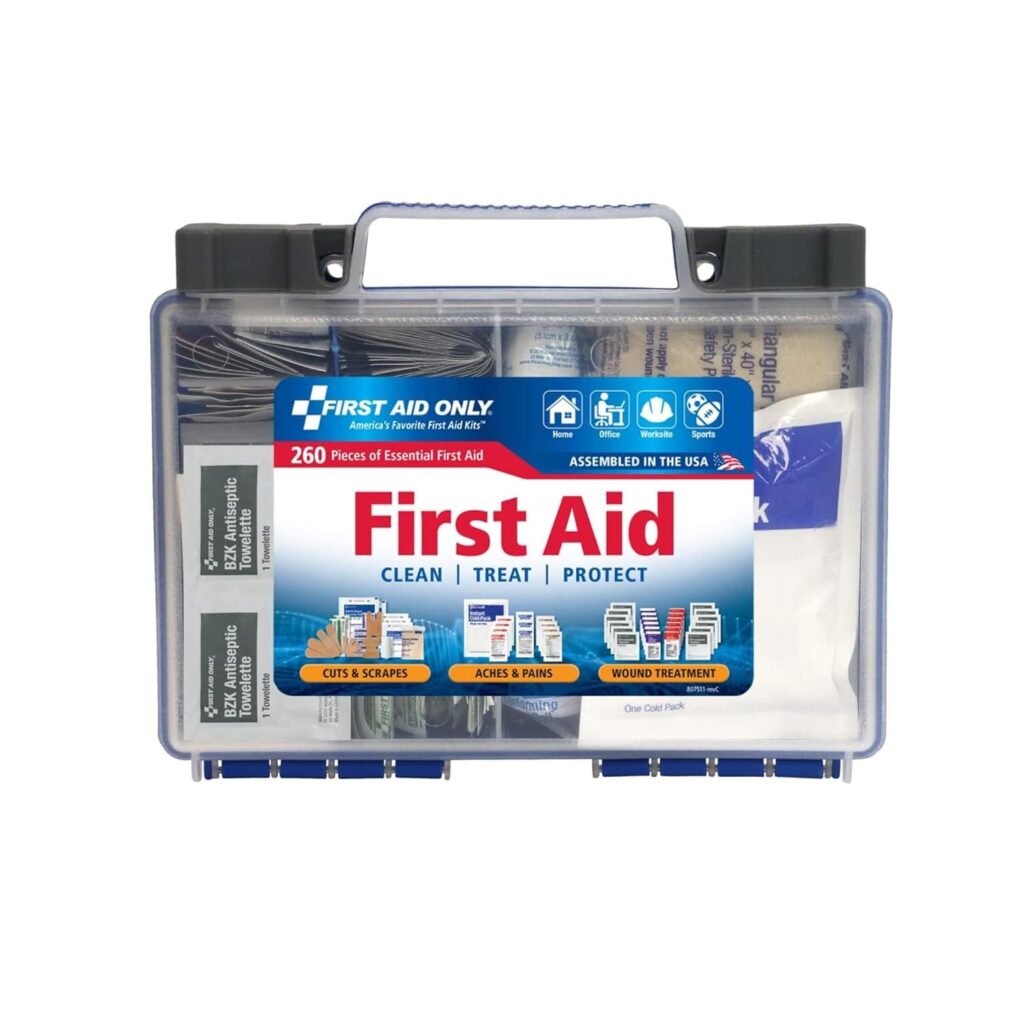 Portable first aid kit with supplies in clear hard case