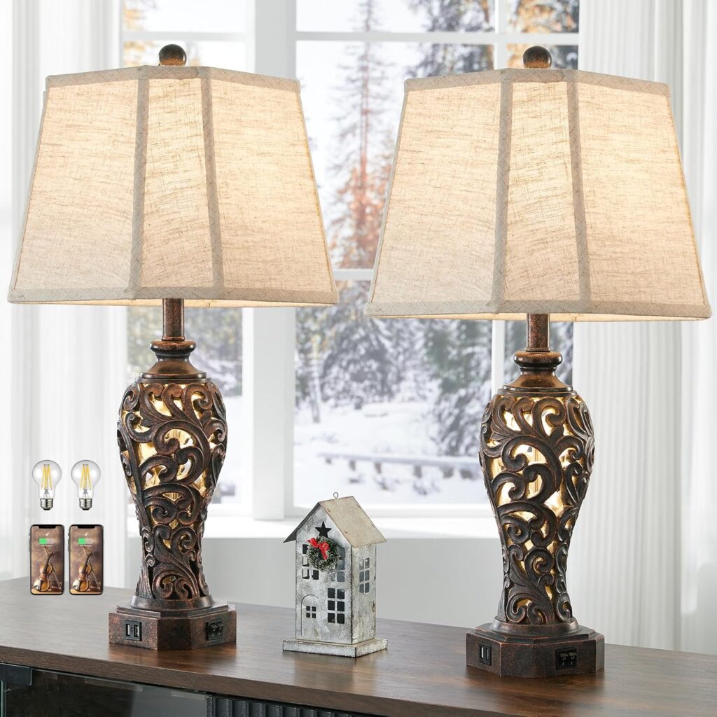 Set of two bronze table lamps with patterned base and fabric shades