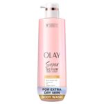 Olay Super Serum Body Wash bottle styled in a soft, serene space with natural light