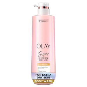 Olay Super Serum Body Wash bottle styled in a soft, serene space with natural light