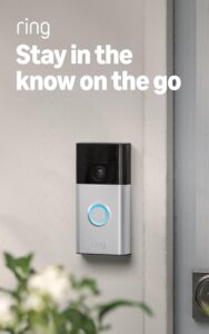 A Ring Video Doorbell mounted beside a front door, with a camera lens at the top and a circular button below.