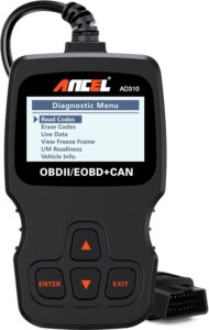Handheld ANCEL AD310 OBDII/EOBD+CAN diagnostic scan tool for car engine troubleshooting. The black device features a backlit LCD screen displaying a 'Diagnostic Menu' with options to Read Codes, Erase Codes, Live Data, and View Freeze Frame. It includes a 4-button navigation interface (Up, Down, Enter, Exit) and a 16-pin OBDII cable for battery-free operation directly from the vehicle.