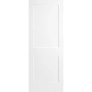 White two-panel shaker-style interior door with a clean, simple design