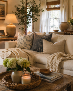 Neutral living room with a cream-colored sofa styled with a mix of floral, striped, and solid tan throw pillows. Two chunky cream-colored knit blankets are draped over the sofa. In the foreground, a rustic wooden coffee table holds a woven tray with a white ceramic vase of green and white hydrangeas, a lit candle in a jar, and stacked books.
