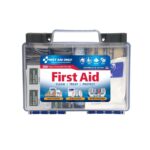 first aid kit in clear plastic case with handle and organized medical supplies inside