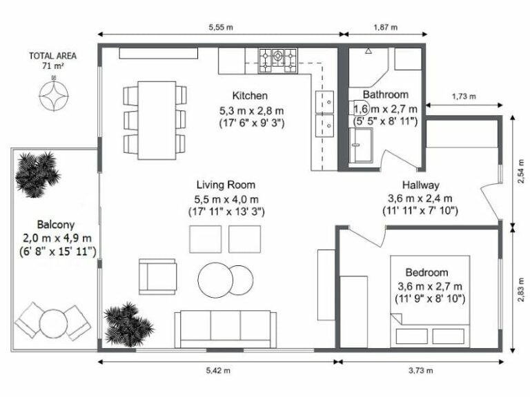 One-bedroom apartment floor plan with open kitchen and living area, balcony, bathroom, and separate bedroom