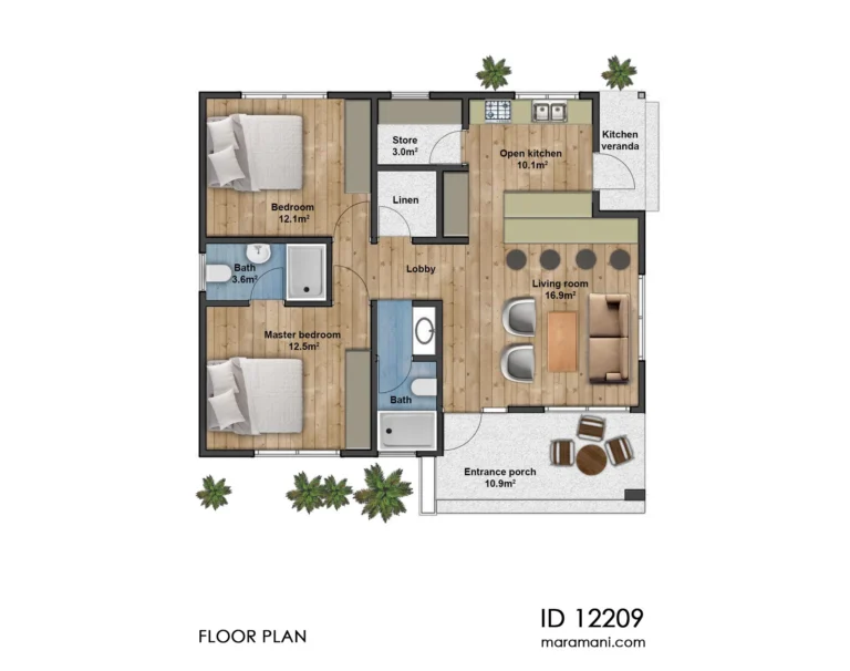 rTwo-bedroom home floor plan with open kitchen and living room, two bathrooms, storage areas, and front porch
