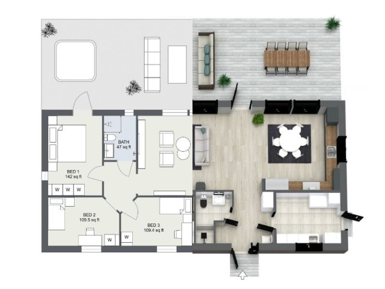 Three-bedroom home floor plan with shared bathroom, open living and dining area, kitchen, and outdoor patio space