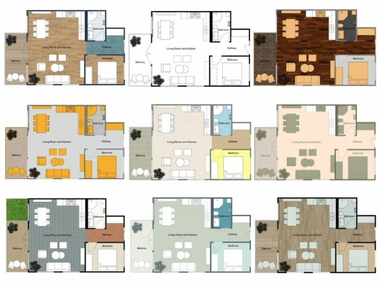 Collection of apartment floor plan layouts showing different color schemes and design styles for the same one-bedroom layout