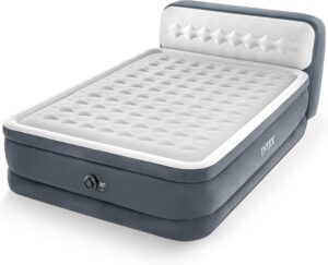 queen size air mattress with built in pump and raised headboard in gray and white