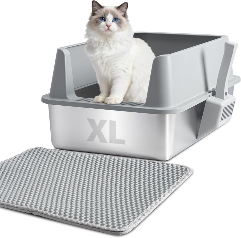 XL stainless steel cat litter box with high-sided gray lid, textured tracking mat, and scoop. The front of the metal pan is engraved with 'XL'.