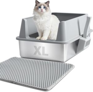 XL stainless steel cat litter box with high-sided gray lid, textured tracking mat, and scoop. The front of the metal pan is engraved with 'XL'.
