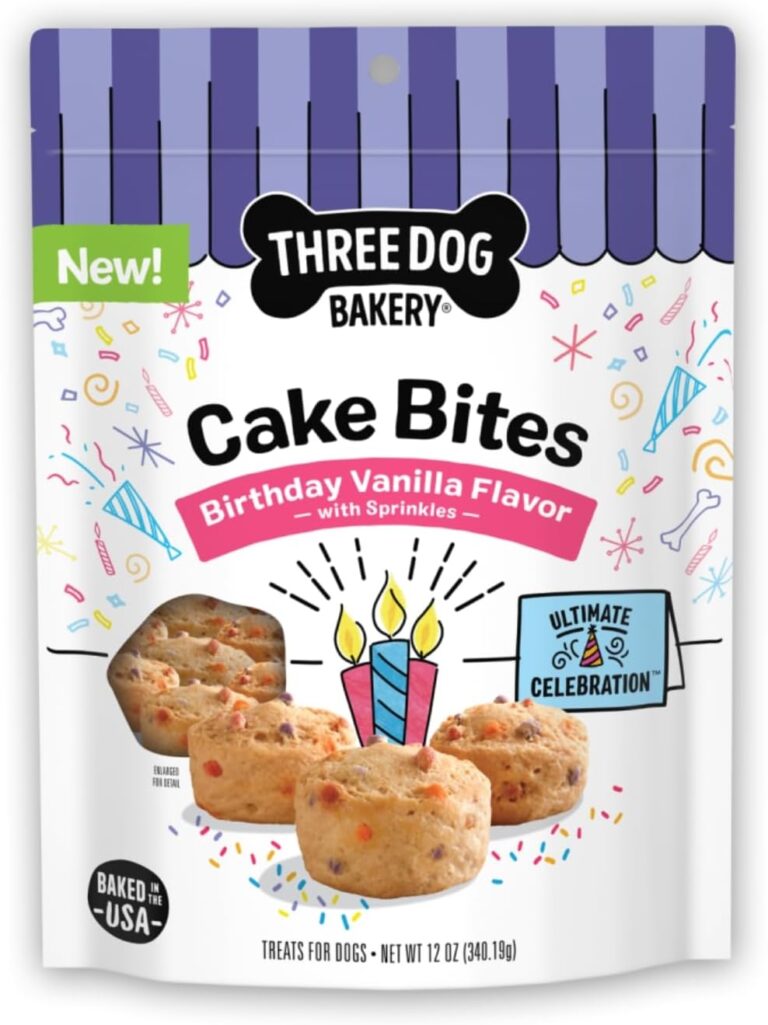 three dog bakery birthday cake bites dog treats with sprinkles in colorful packaging
