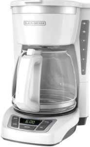 White 12-cup BLACK+DECKER coffee maker with glass carafe and digital display