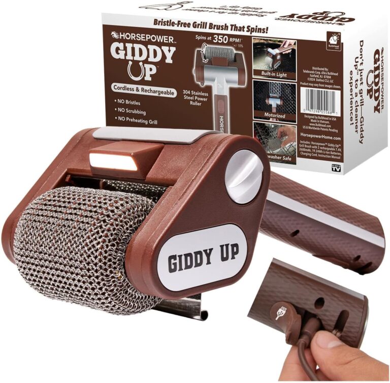 Brown cordless Giddy Up grill cleaner with stainless steel roller