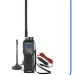 “Black CB handheld radio with charging accessories”