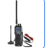 “Black CB handheld radio with charging accessories”
