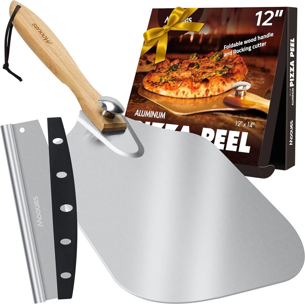 aluminum pizza peel with wooden handle and pizza cutter set with box packaging