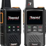 Two black handheld portable Rapid Radio walkie talkies with display screens