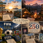 four scenes of travel, camping, FIFA and America250 for travel and camping banner