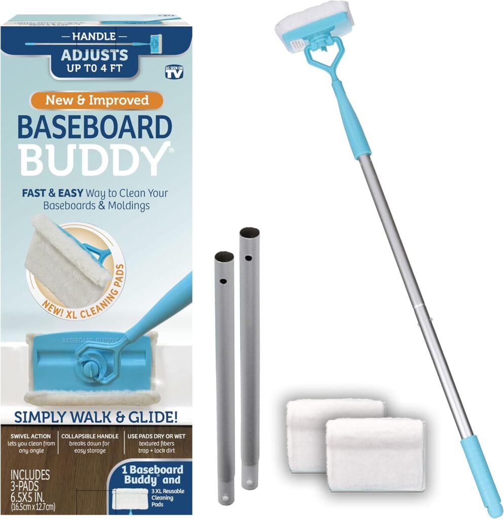 blue box marked baseboard buddy with the items out of the box on the side