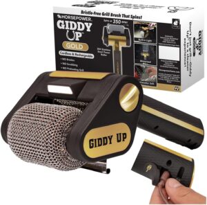 giddy up grill cleaner in the front with the box in the back on a white background