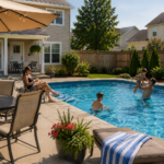 family in a backyard built-in pool enjoying their staycation with patio table set and grill in the front part
