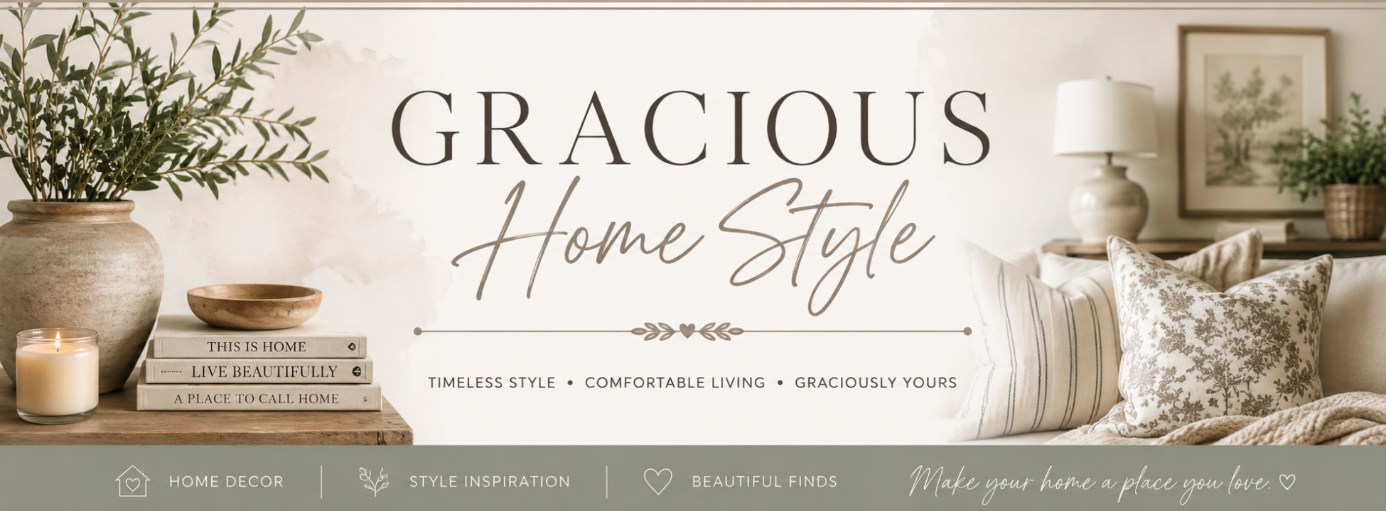 Elegant home decor banner with neutral living room styling with candles, pillows, and home decor
