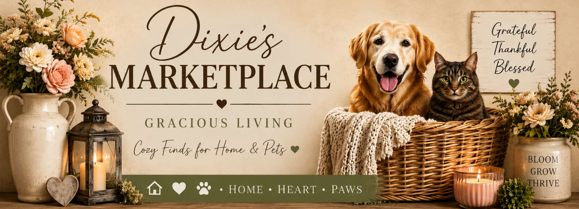 Warm farmhouse style banner with dog, cat, flowers, and candles