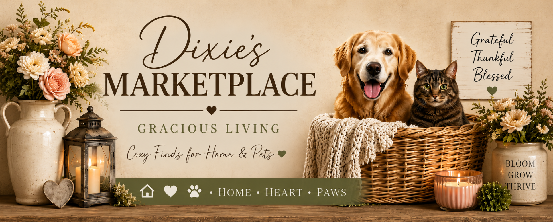 Warm farmhouse style banner with dog, cat, flowers, and candles